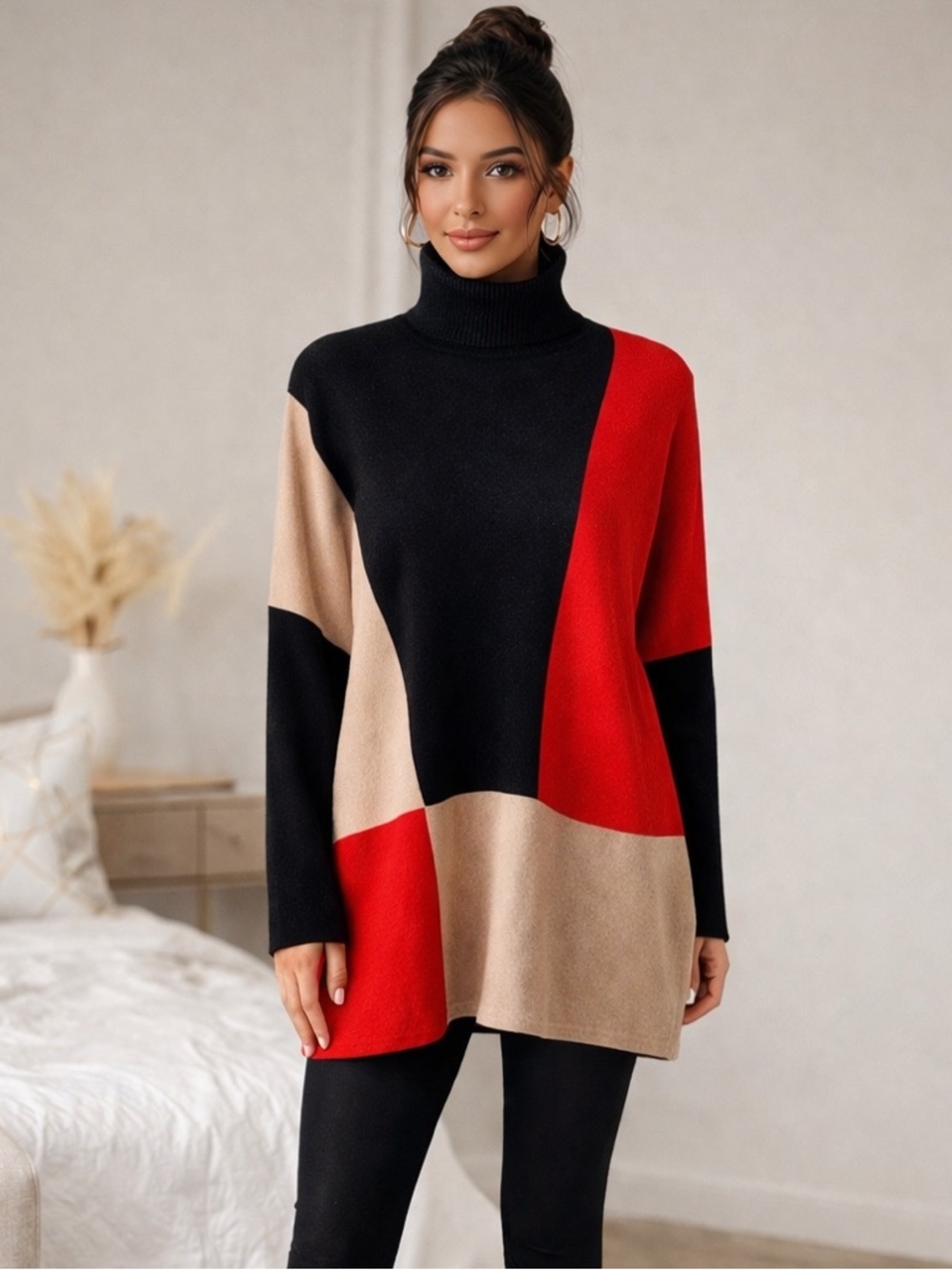 White Birch Colorblock Turtleneck Sweater Tunic Red Black Tan Medium